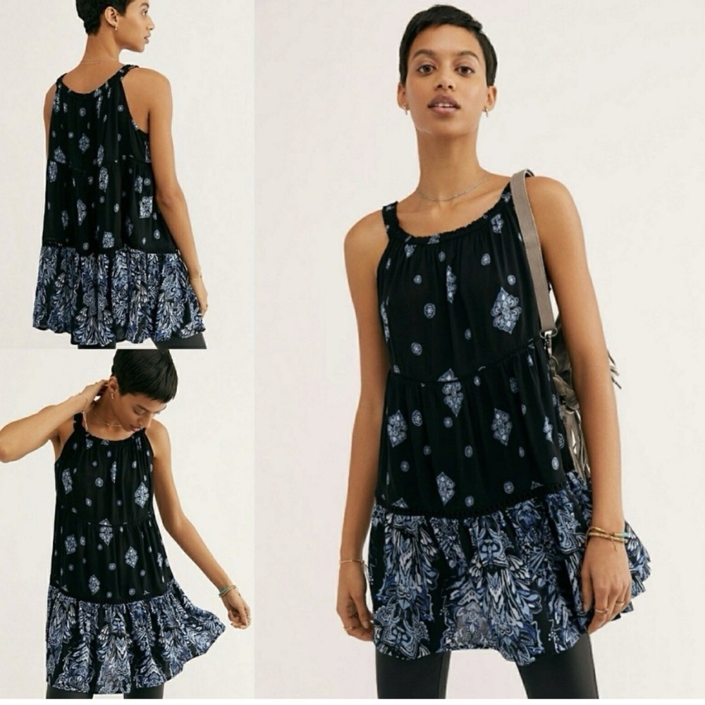 Free People Size M Talk to Me Trapeze Slip Mini Dress Off-the-shoulder Black